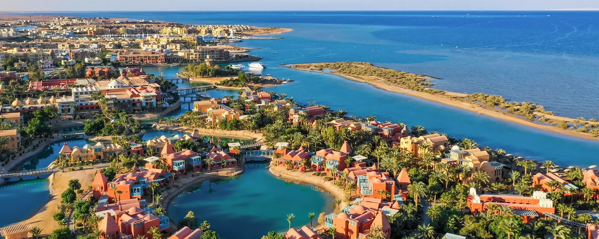 Aerial view of El Gouna’s lagoons, waterfront buildings and Red Sea coast